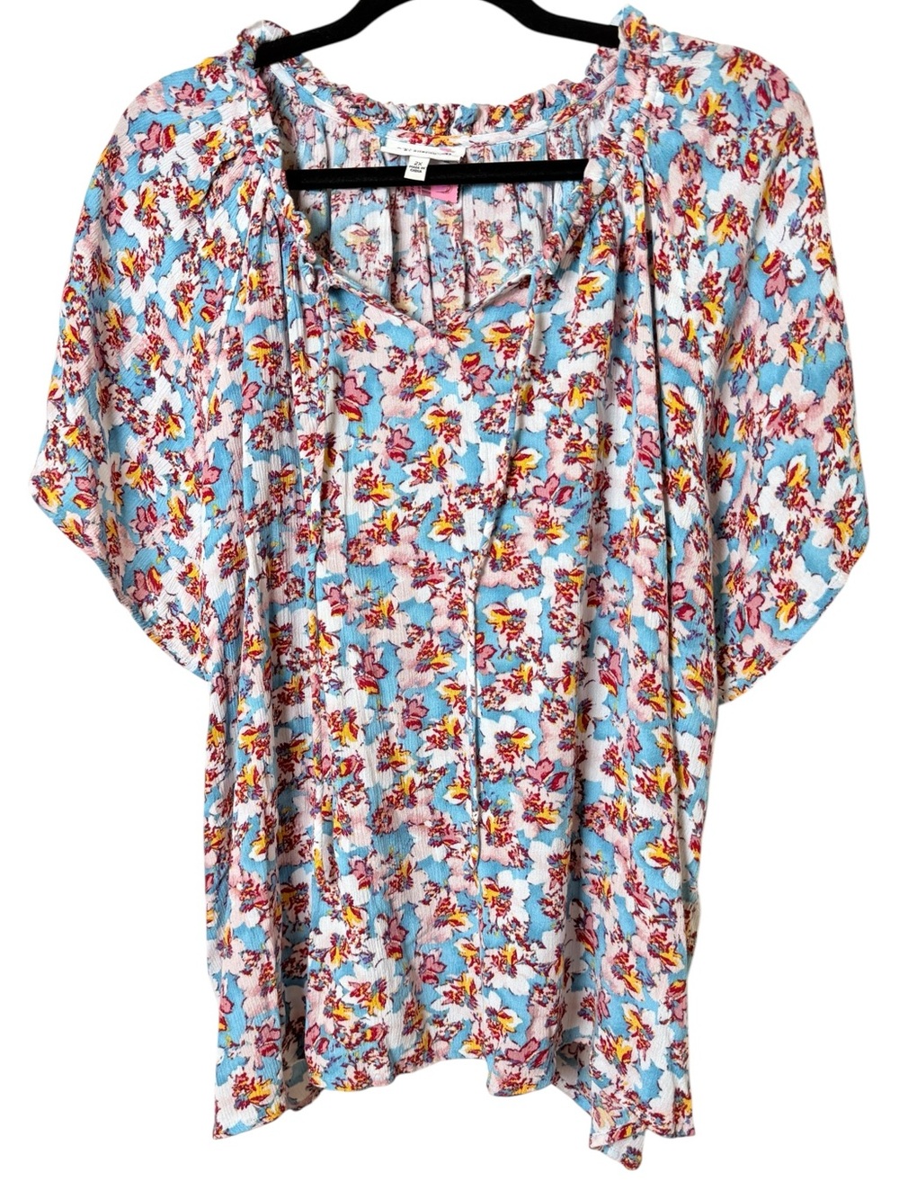 Studio B 2X Light Blue, Pink, Yellow, White Floral Tie-Neck Peasant Blouse